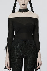 Black Off Shoulder Long Sleeves Metal Chain Women's Gothic T-Shirt